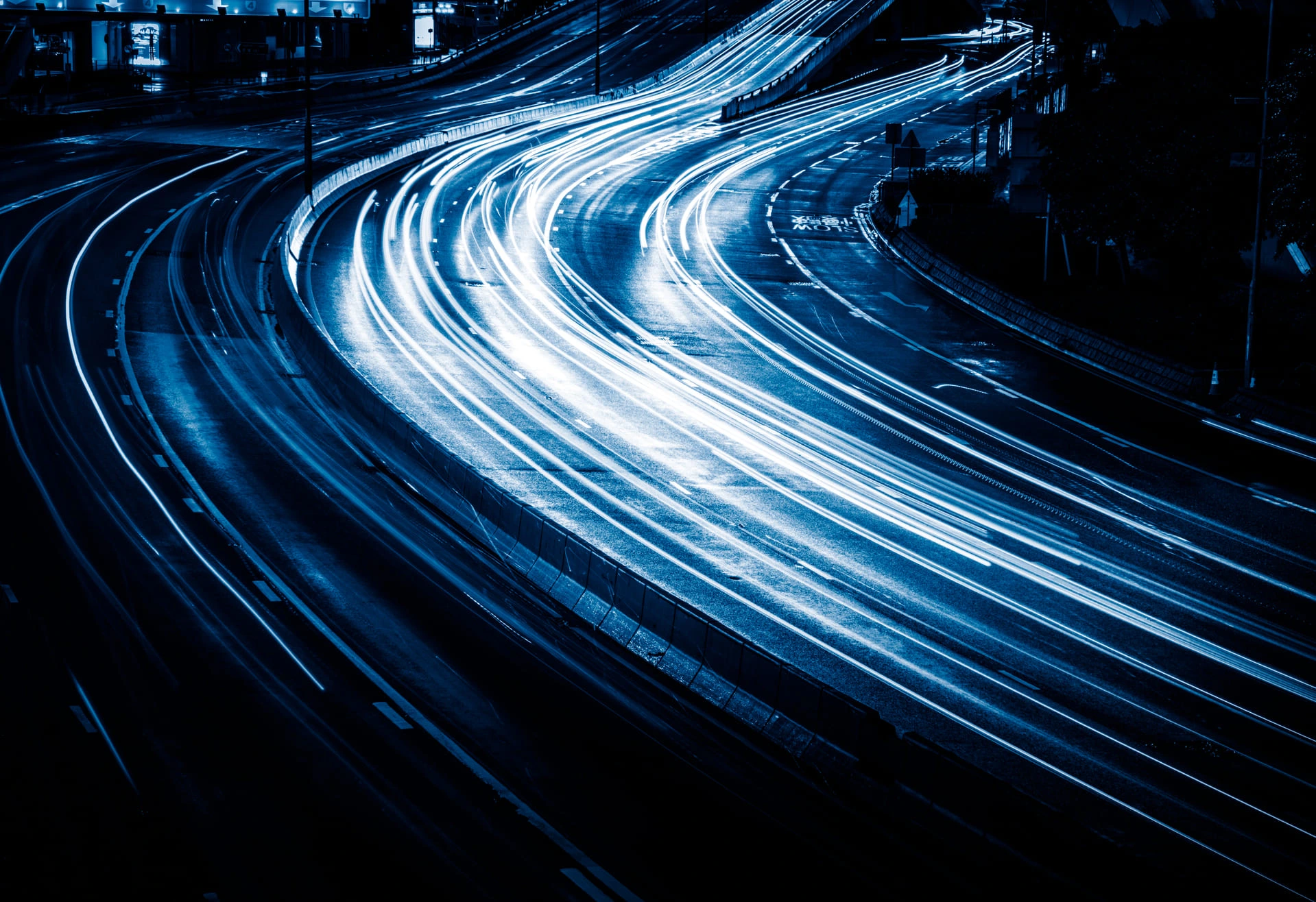 Illustration showing the flow of cars on the road at night, using blue lights.