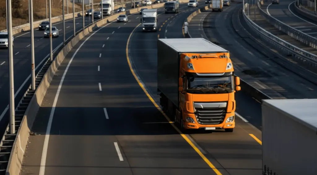 Orange truck driving on the highway