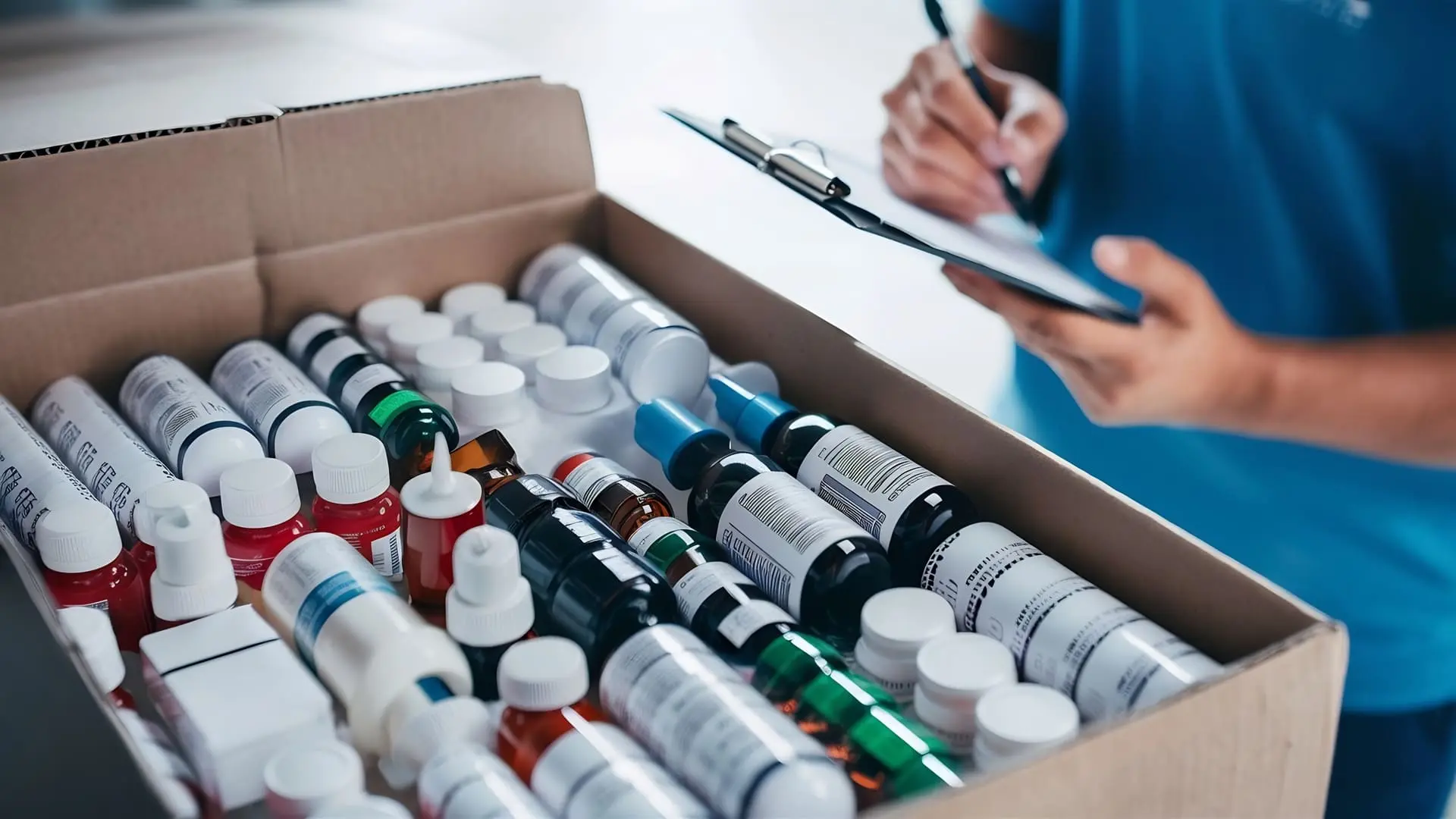 One person manages the delivery of a box full of medicines