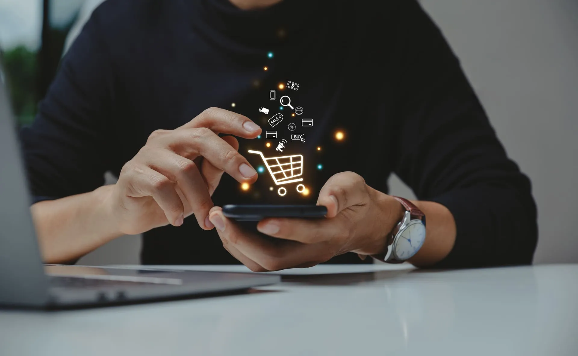 Illustration of e-commerce with a telephone and various icons