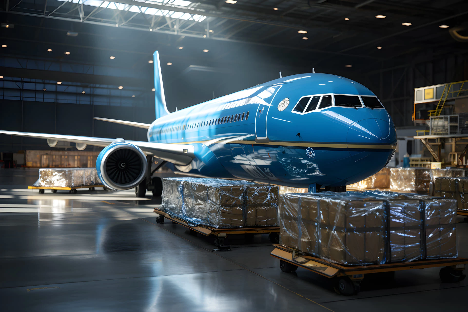 Blue plane in a hangar with cargo around it