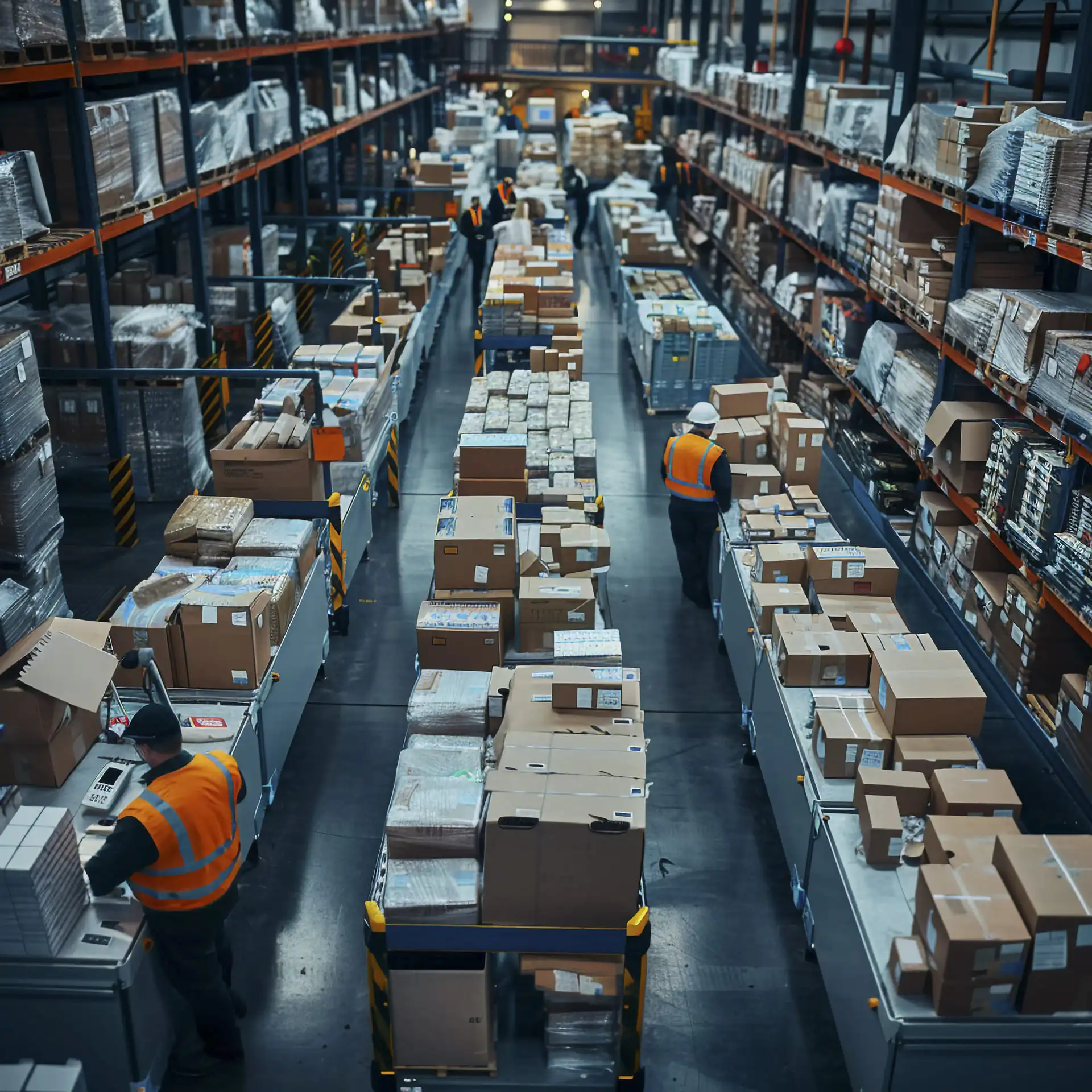 Warehouse with goods and workers