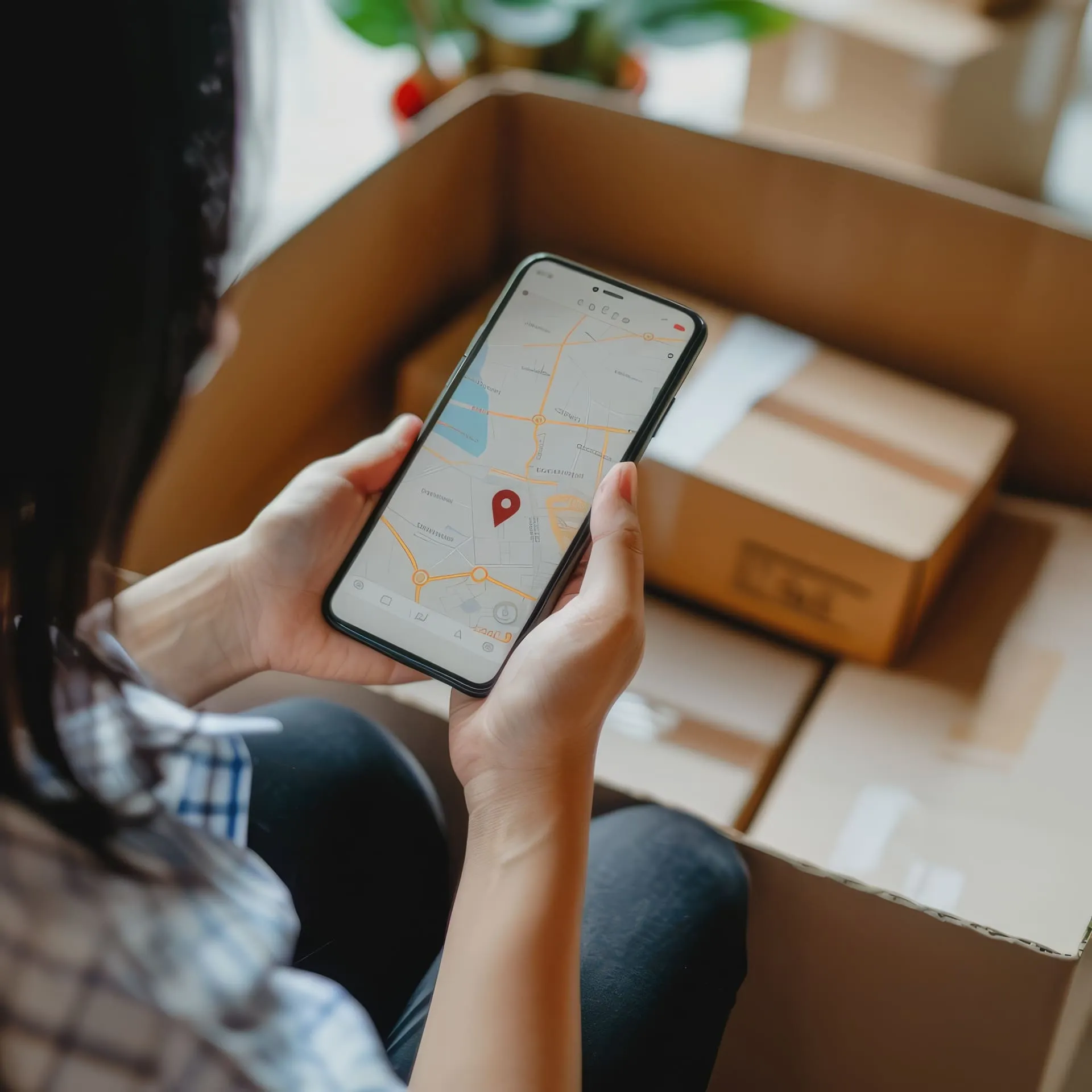 Personne qui suit le trajet de sa commande depuis son téléphone