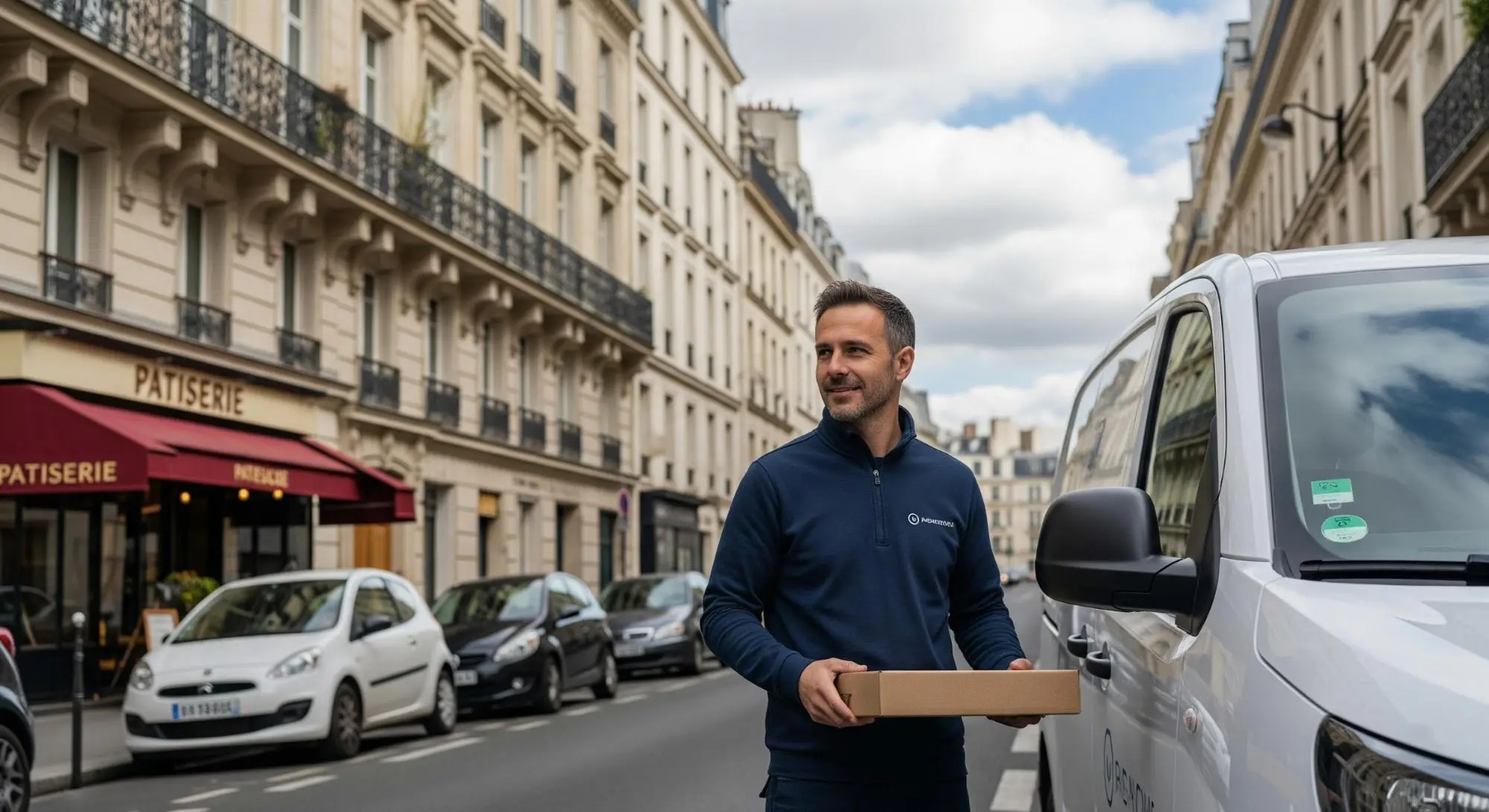 Coursier transport express Paris ou véhicule de livraison en gros plan dans une rue de Paris.