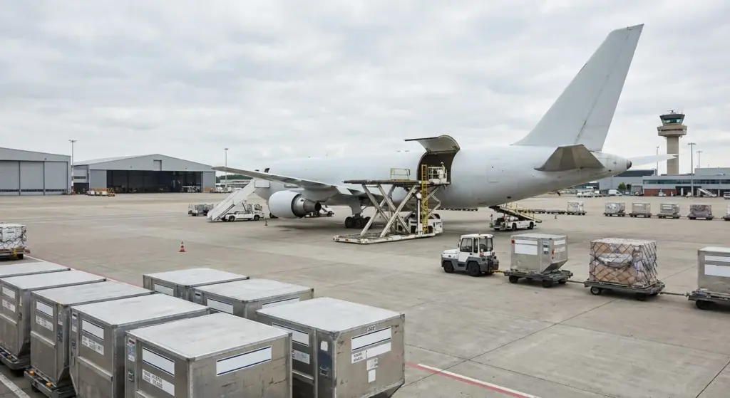 avion de fret sur piste aéroportuaire chargé de marchandises
