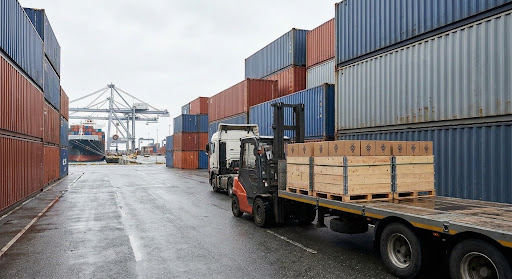 Chargement logistique de caisses pour l'export par un commissionnaire de transport agréé en douane sur une plateforme portuaire.