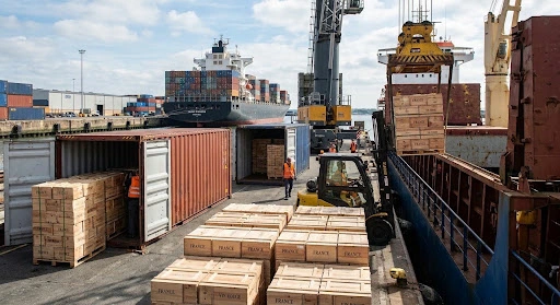 Équipe logistique préparant l'expédition de colis internationaux et la documentation pour la douane e commerce.